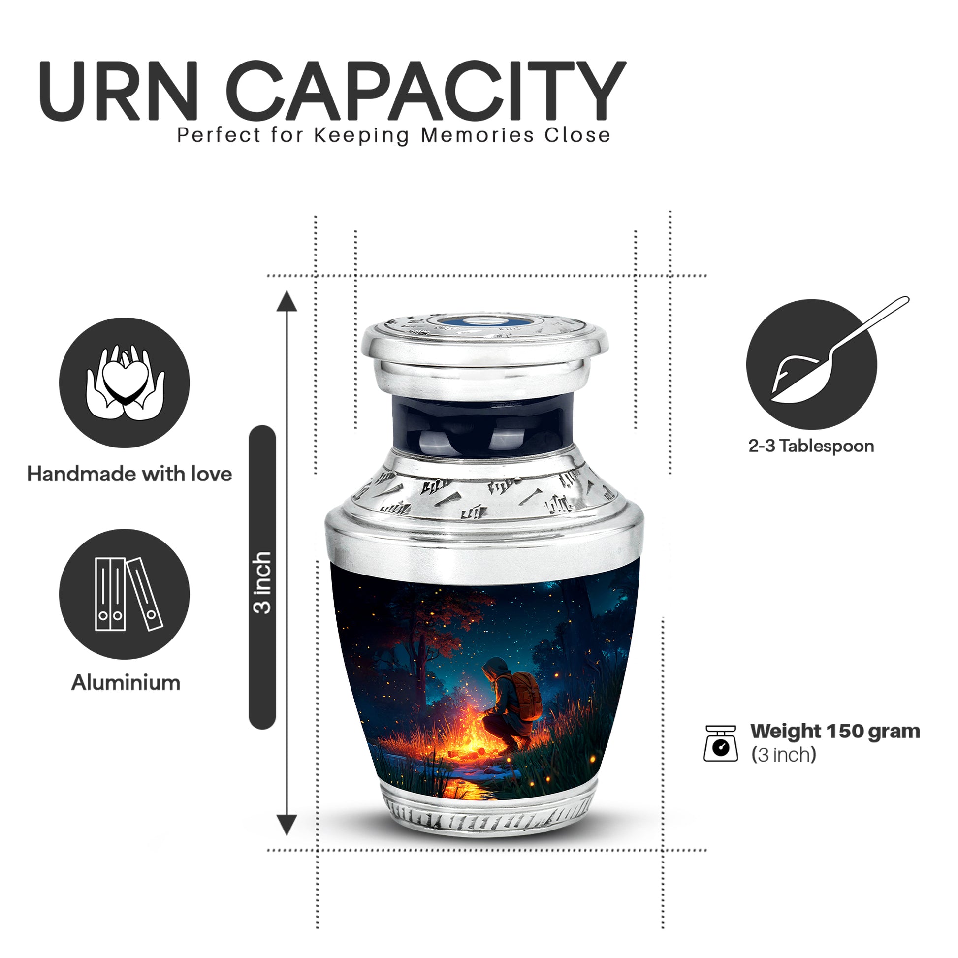 Soft Blue Campfire Cremation Urn top-down view of secure threaded lid - stylized abstract campfire pattern with bold lines - mini keepsake memorial for portion of cremation ashes