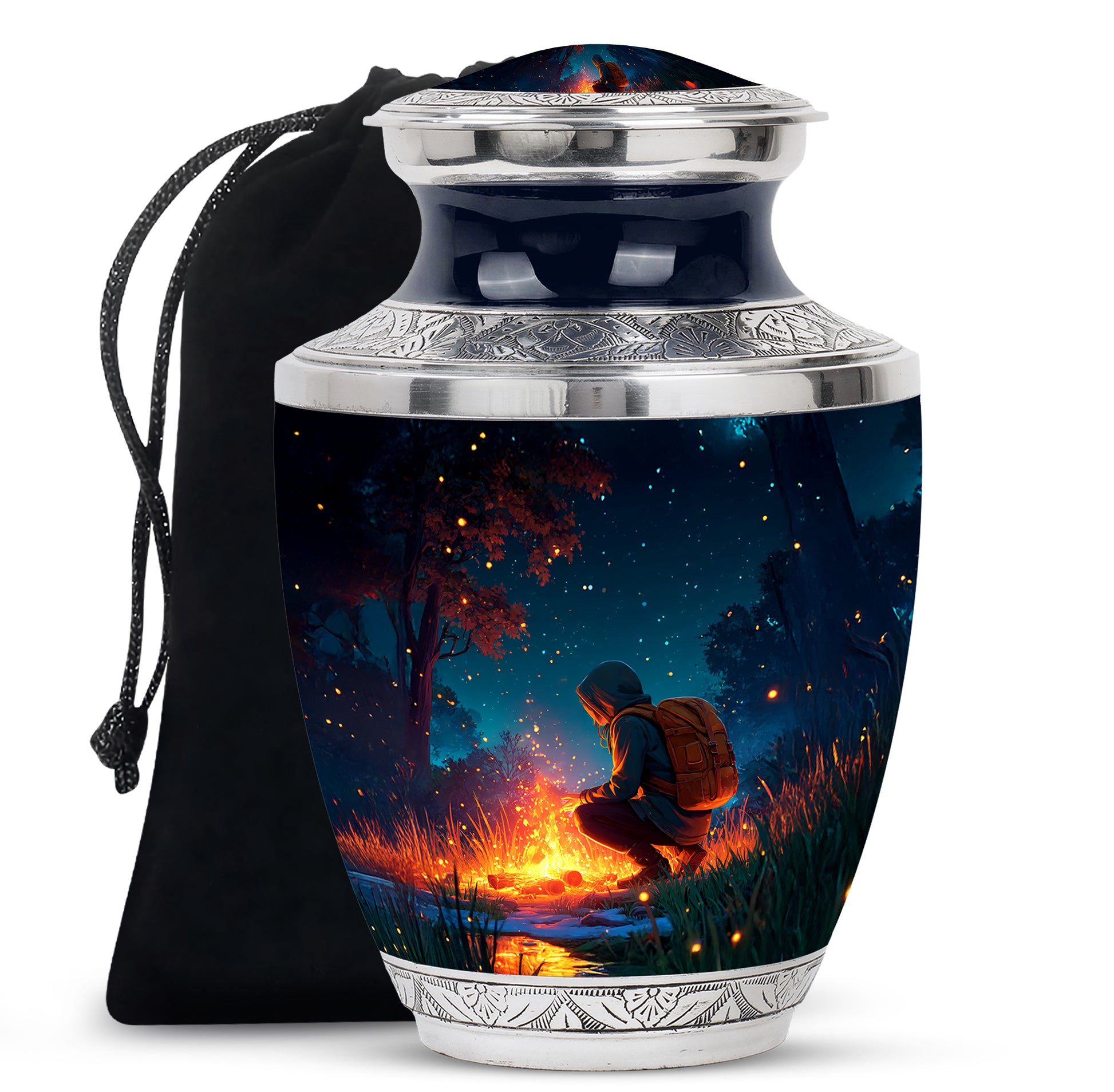 Misty Blue Campfire Cremation Urn side profile showing urn shape - modern art-inspired campfire motif on sleek aluminum - full-size 10 inch 200 cubic inch adult cremation urn