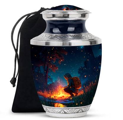 Misty Blue Campfire Cremation Urn side profile showing urn shape - modern art-inspired campfire motif on sleek aluminum - full-size 10 inch 200 cubic inch adult cremation urn