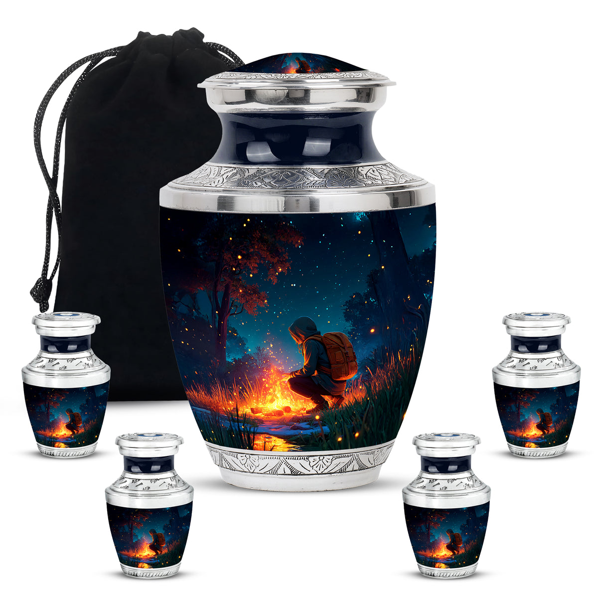 Indigo Campfire Cremation Urn lifestyle display on memorial shelf - contemporary campfire design with modern artistic flair - memorial set with one large and four small urns