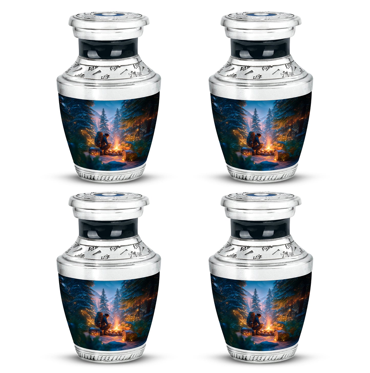 Slate Blue Campfire Cremation Urn back view with polished surface - contemporary campfire design with modern artistic flair - 10 inch aluminum urn for cremated remains