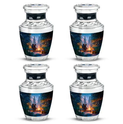 Slate Blue Campfire Cremation Urn back view with polished surface - contemporary campfire design with modern artistic flair - 10 inch aluminum urn for cremated remains