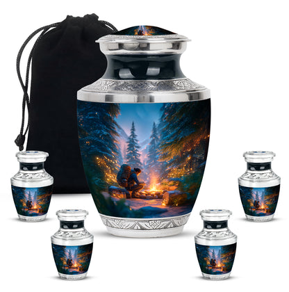 Bright Blue Campfire Cremation Urn lifestyle display on memorial shelf - stylized abstract campfire pattern with bold lines - memorial set with one large and four small urns