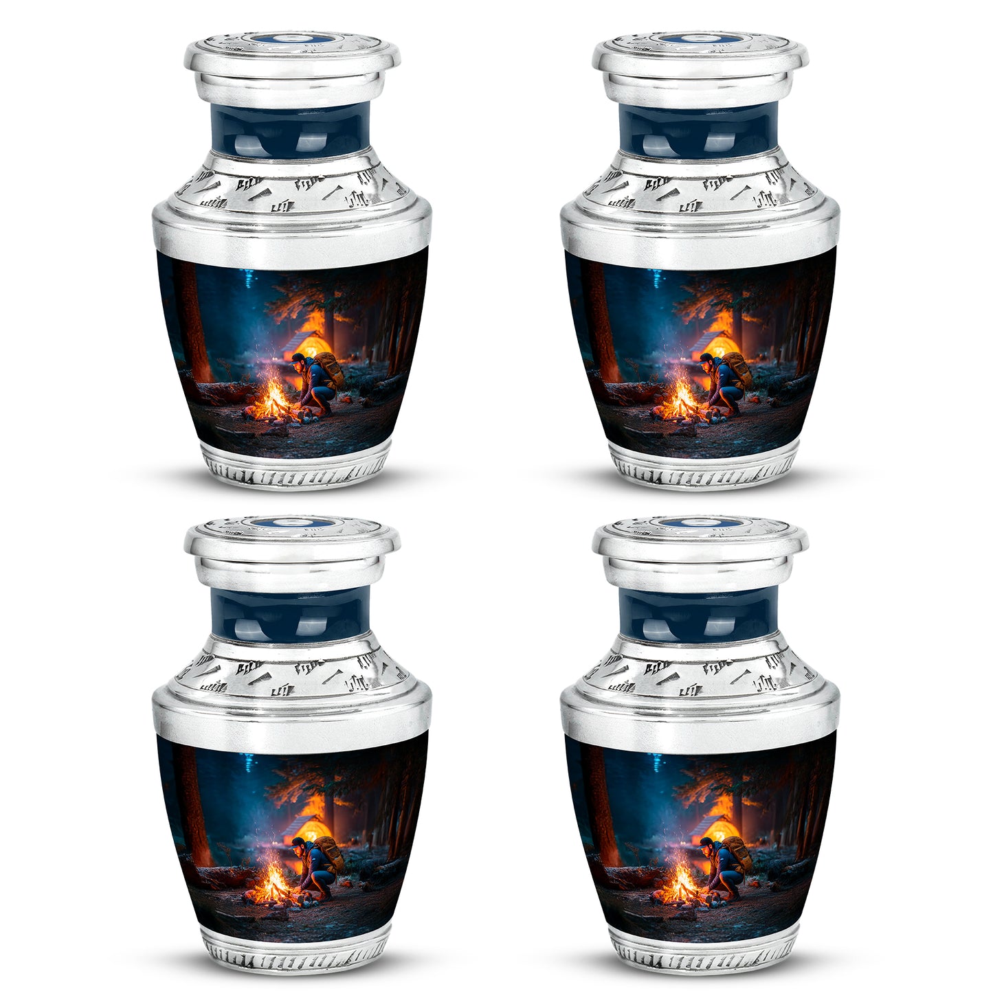 Royal Blue Campfire Cremation Urn back view with polished surface - artistic campfire interpretation with creative detail - 10 inch aluminum urn for cremated remains