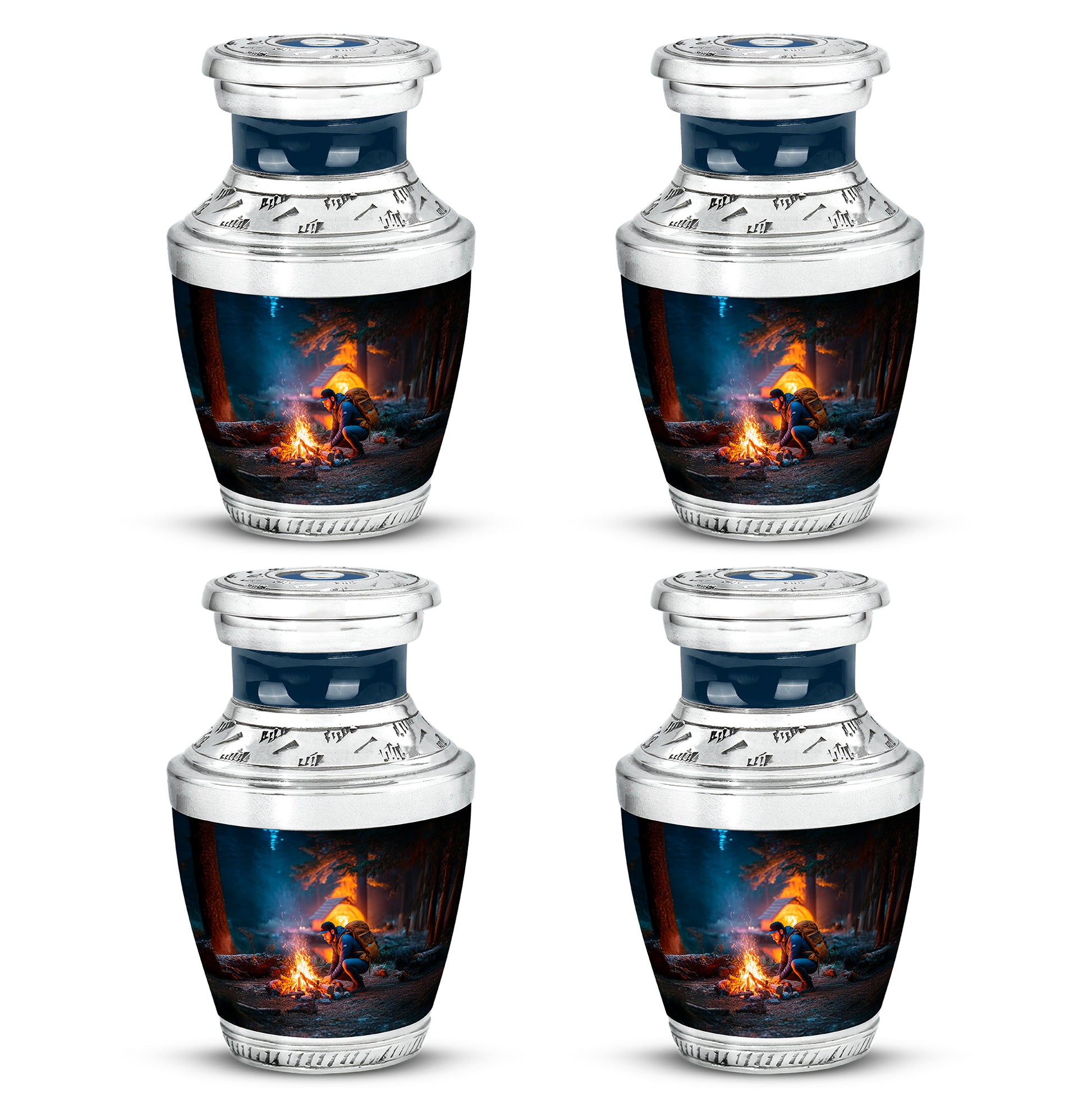 Royal Blue Campfire Cremation Urn back view with polished surface - artistic campfire interpretation with creative detail - 10 inch aluminum urn for cremated remains