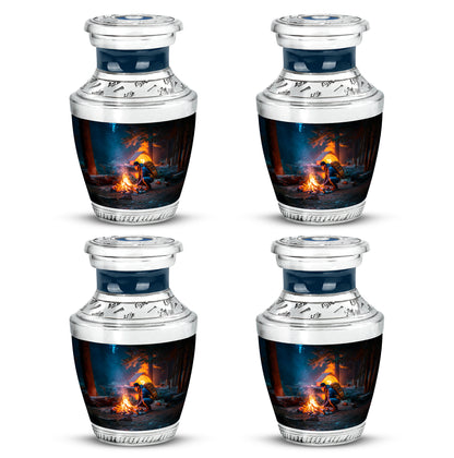 Royal Blue Campfire Cremation Urn back view with polished surface - artistic campfire interpretation with creative detail - 10 inch aluminum urn for cremated remains