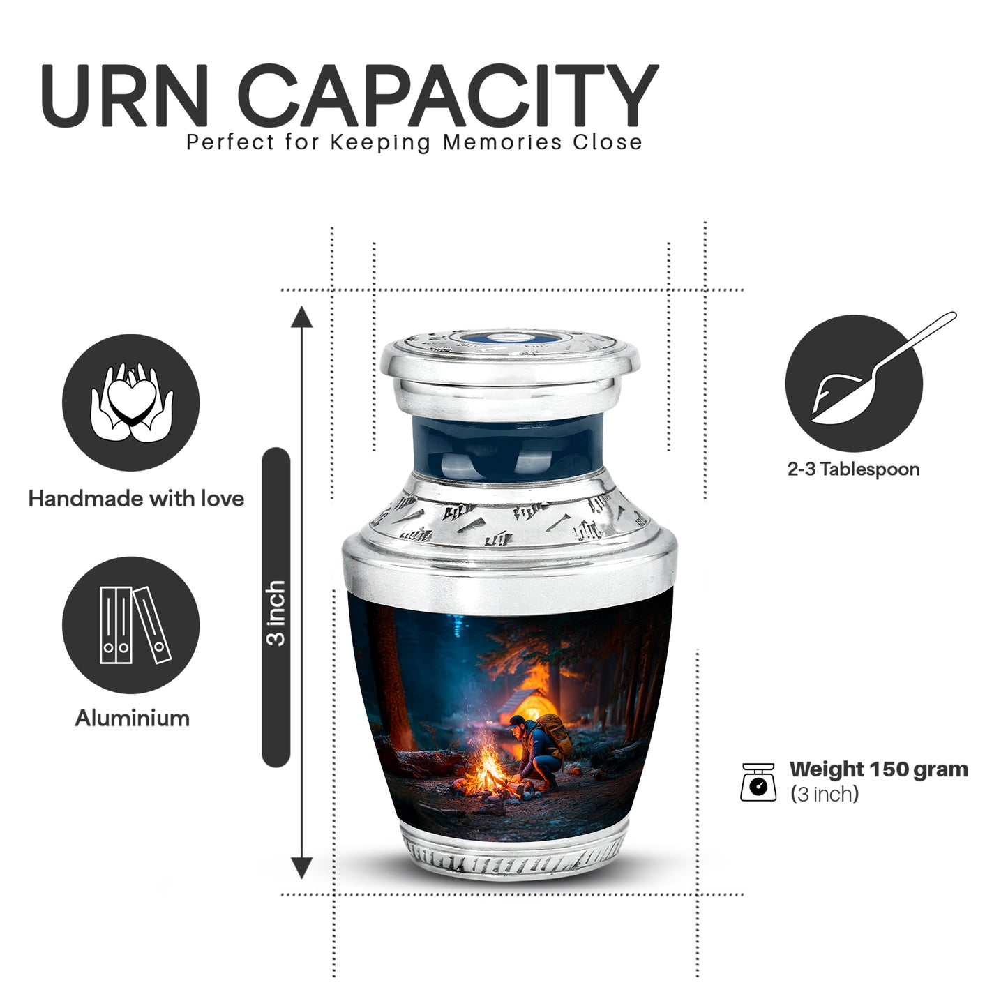 Steel Blue Campfire Cremation Urn top-down view of secure threaded lid - stylized abstract campfire pattern with bold lines - mini keepsake memorial for portion of cremation ashes