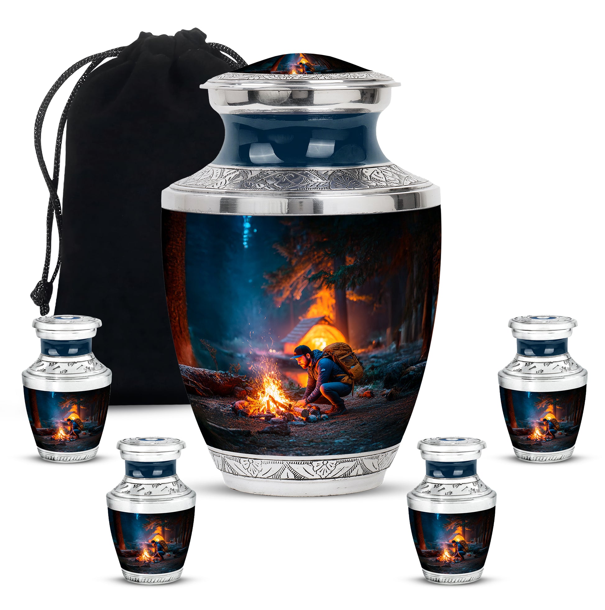 Serene Blue Campfire Cremation Urn lifestyle display on memorial shelf - stylized abstract campfire pattern with bold lines - memorial set with one large and four small urns
