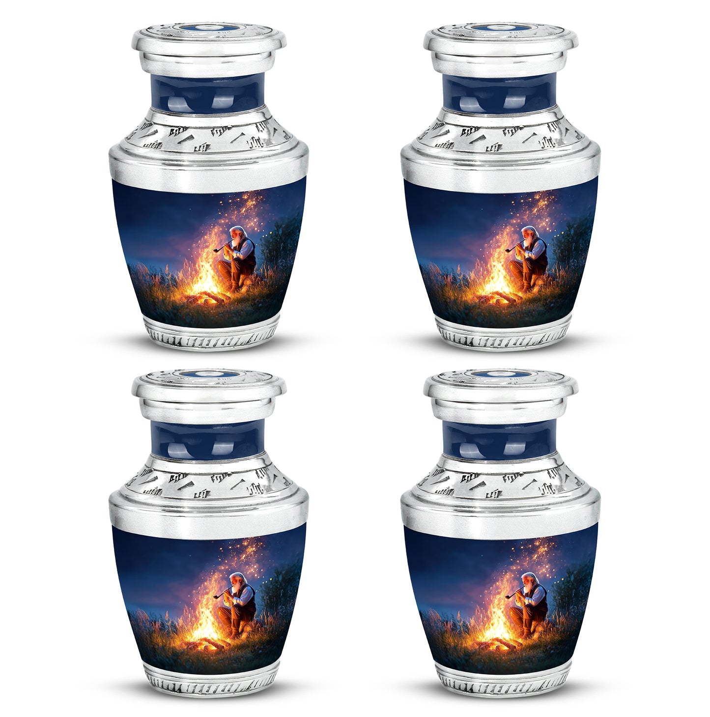 Twilight Blue Campfire Cremation Urn back view with polished surface - artistic campfire interpretation with creative detail - 10 inch aluminum urn for cremated remains