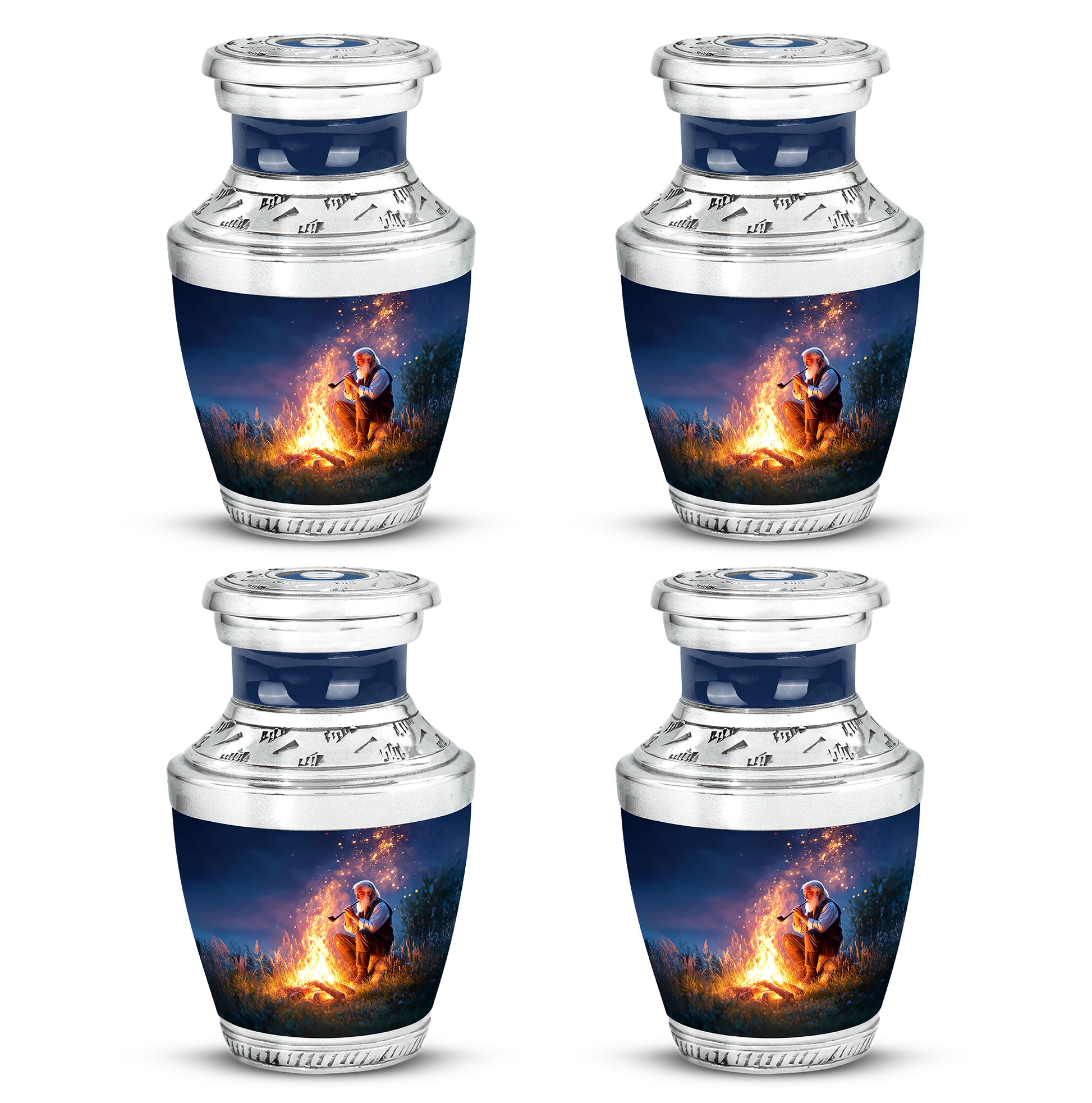 Twilight Blue Campfire Cremation Urn back view with polished surface - artistic campfire interpretation with creative detail - 10 inch aluminum urn for cremated remains