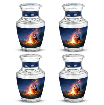 Twilight Blue Campfire Cremation Urn back view with polished surface - artistic campfire interpretation with creative detail - 10 inch aluminum urn for cremated remains