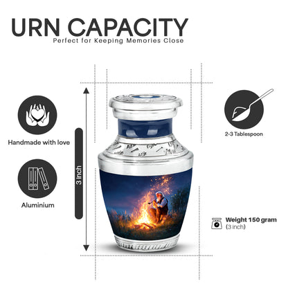 Steel Blue Campfire Cremation Urn top-down view of secure threaded lid - stylized abstract campfire pattern with bold lines - mini keepsake memorial for portion of cremation ashes