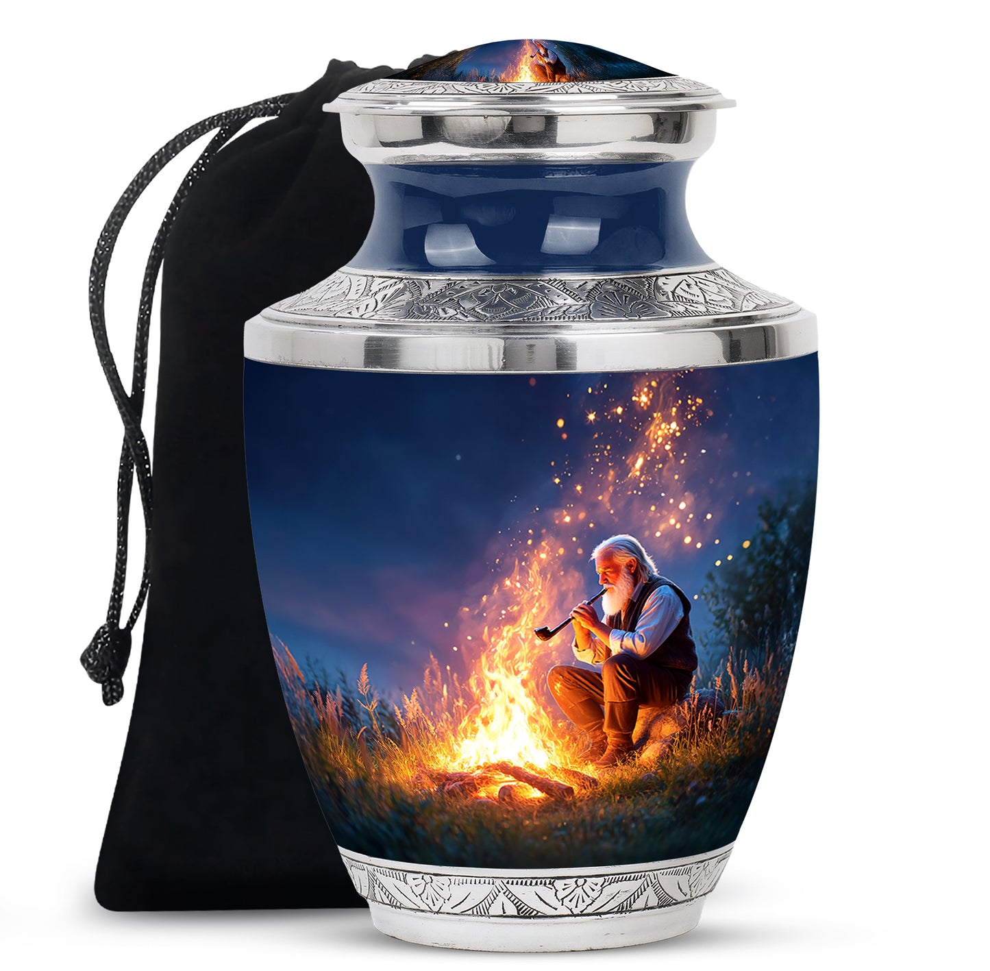 Pastel Blue Campfire Cremation Urn side profile showing urn shape - modern art-inspired campfire motif on sleek aluminum - full-size 10 inch 200 cubic inch adult cremation urn