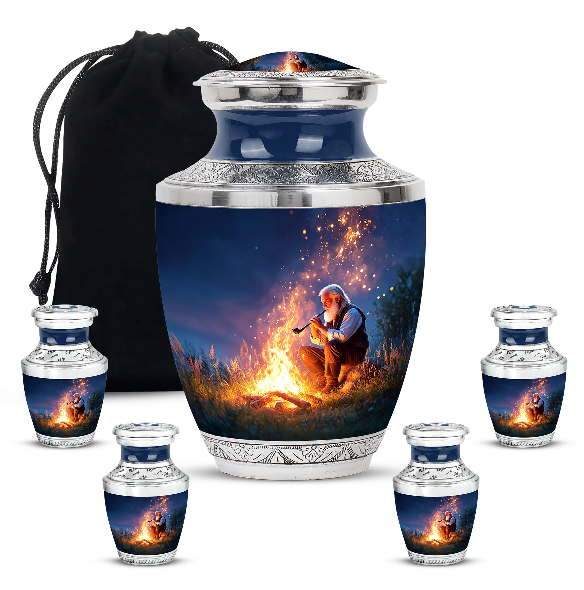 Sapphire Blue Campfire Cremation Urn lifestyle display on memorial shelf - stylized abstract campfire pattern with bold lines - memorial set with one large and four small urns