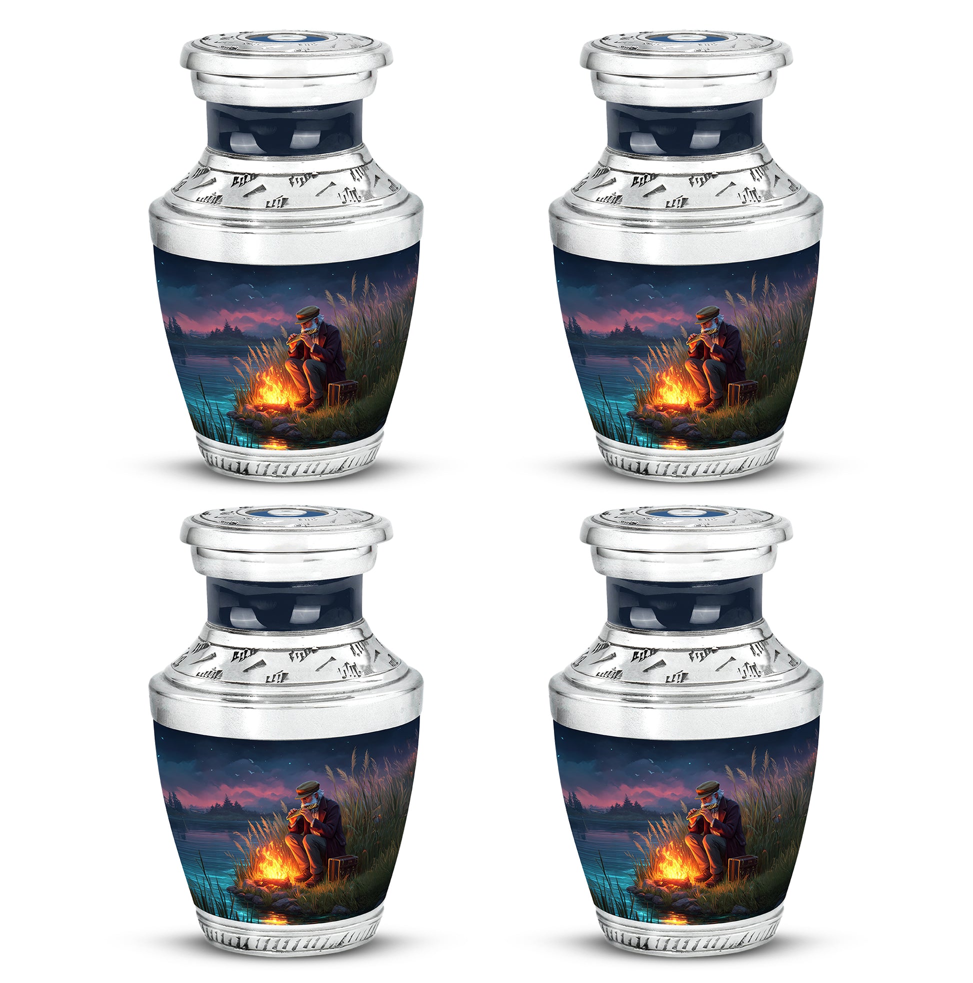 Cobalt Blue Campfire Cremation Urn back view with polished surface - stylized abstract campfire pattern with bold lines - 10 inch aluminum urn for cremated remains