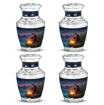 Cobalt Blue Campfire Cremation Urn back view with polished surface - stylized abstract campfire pattern with bold lines - 10 inch aluminum urn for cremated remains