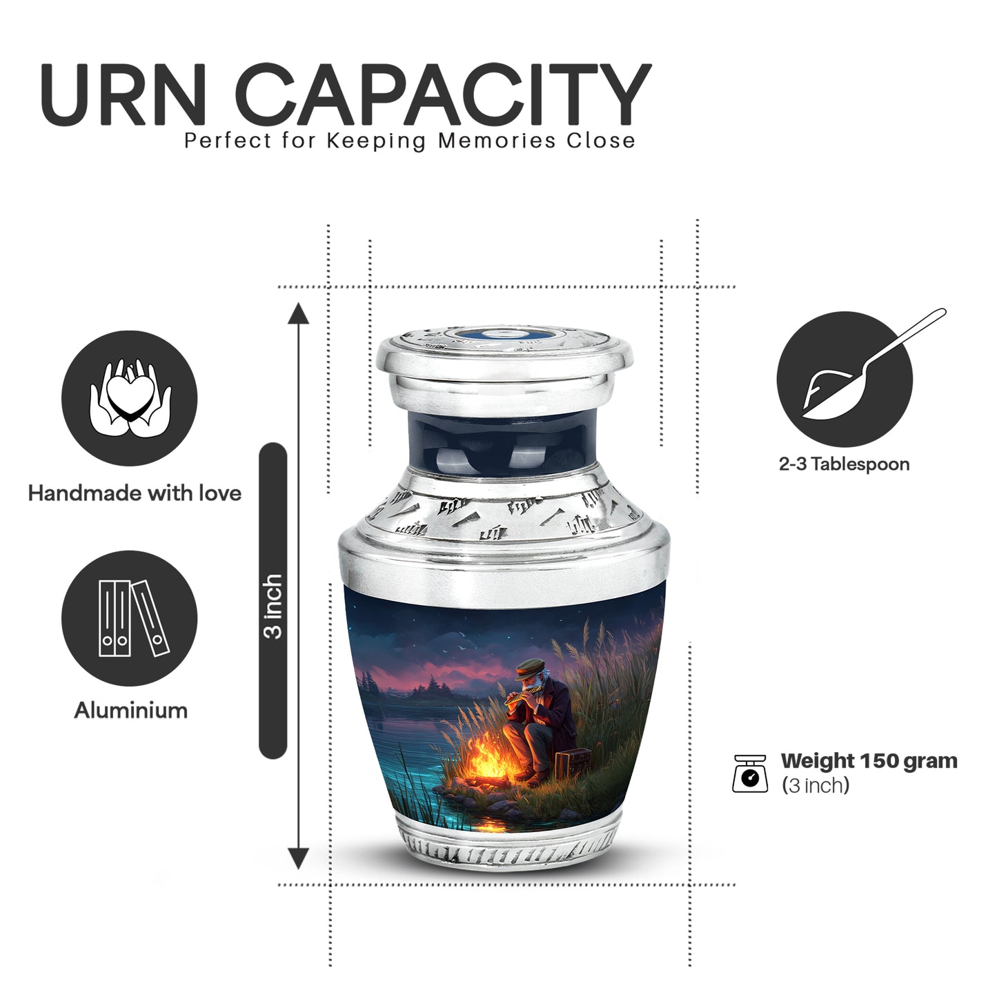 Dusty Blue Campfire Cremation Urn top-down view of secure threaded lid - contemporary campfire design with modern artistic flair - mini keepsake memorial for portion of cremation ashes