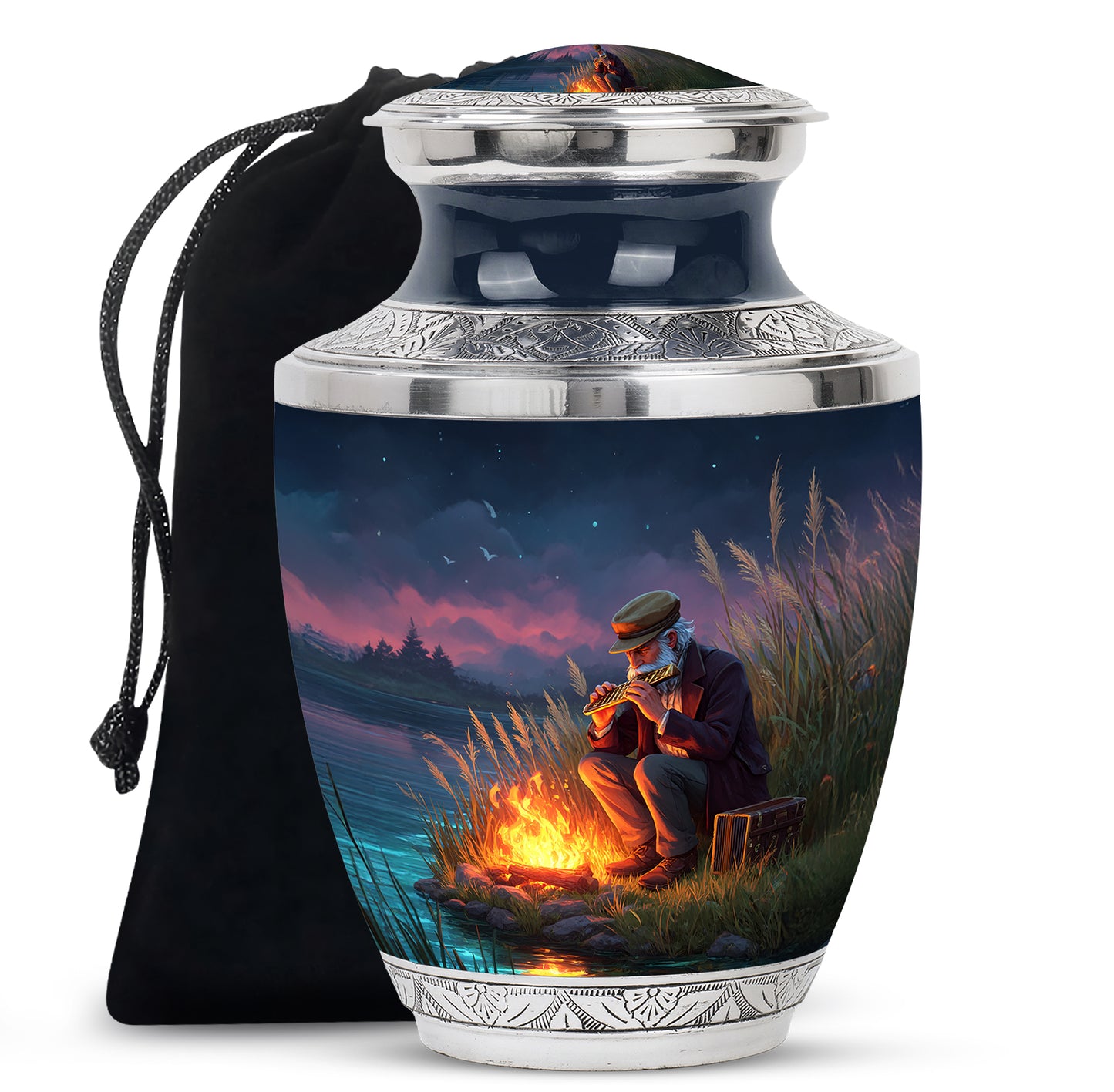 Navy Blue Campfire Cremation Urn side profile showing urn shape - modern art-inspired campfire motif on sleek aluminum - full-size 10 inch 200 cubic inch adult cremation urn