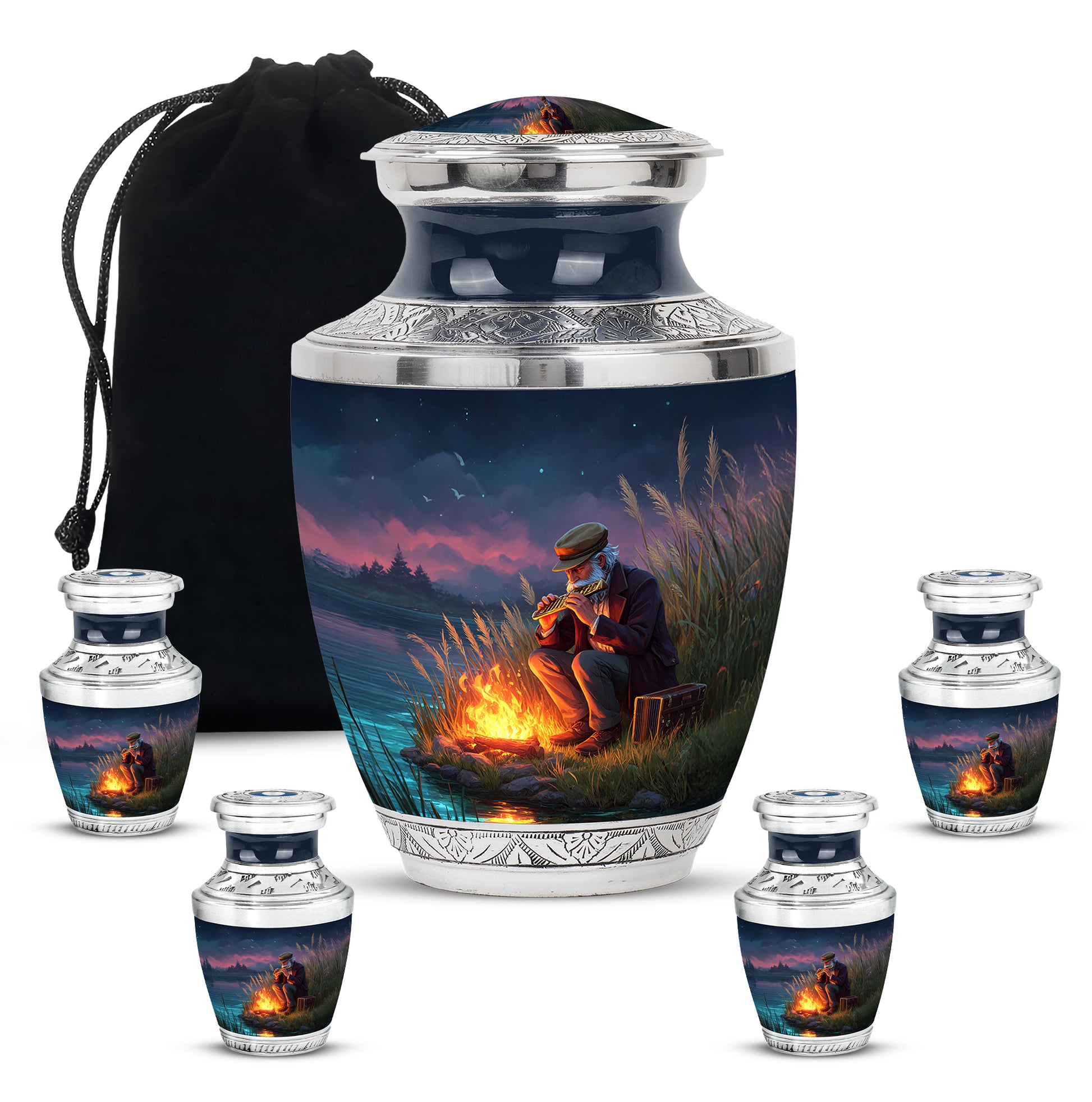 Royal Blue Campfire Cremation Urn lifestyle display on memorial shelf - artistic campfire interpretation with creative detail - memorial set with one large and four small urns