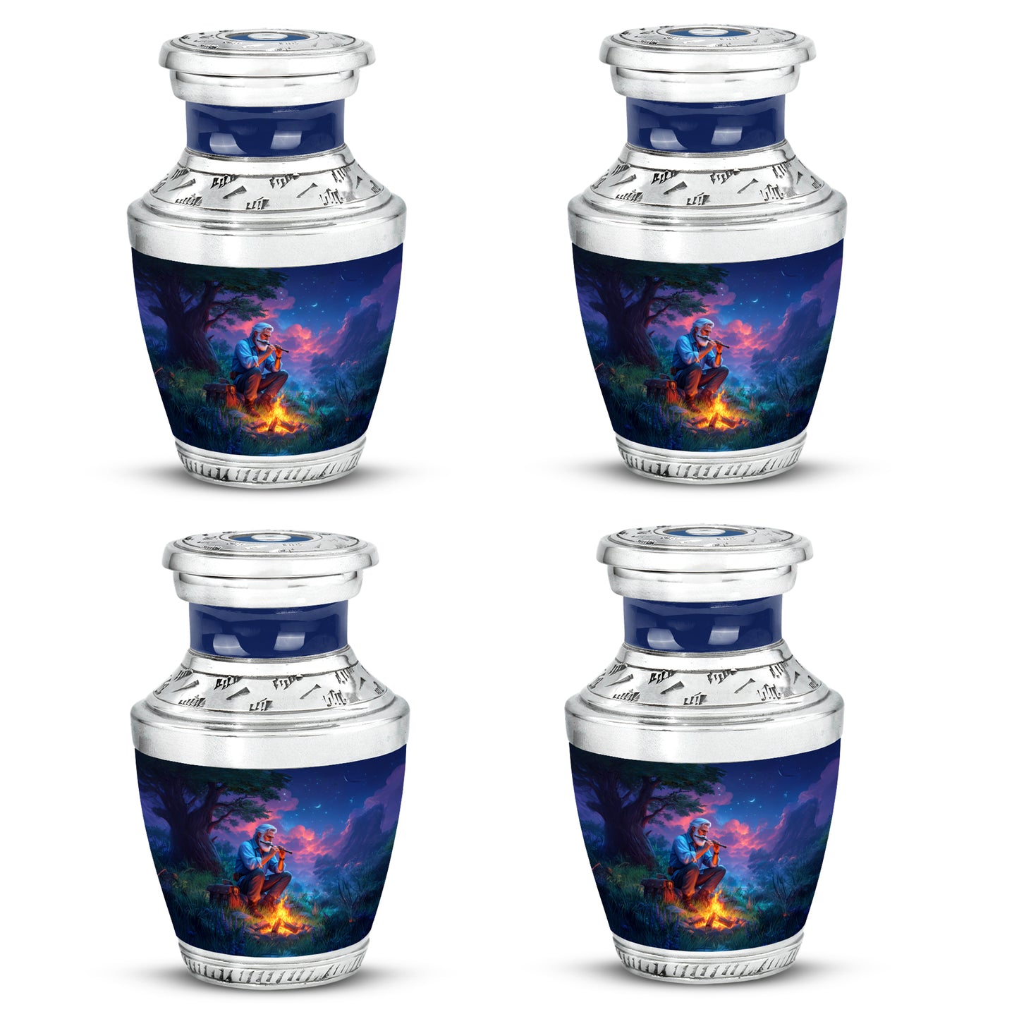 Calming Blue Campfire Cremation Urn back view with polished surface - artistic campfire interpretation with creative detail - 10 inch aluminum urn for cremated remains
