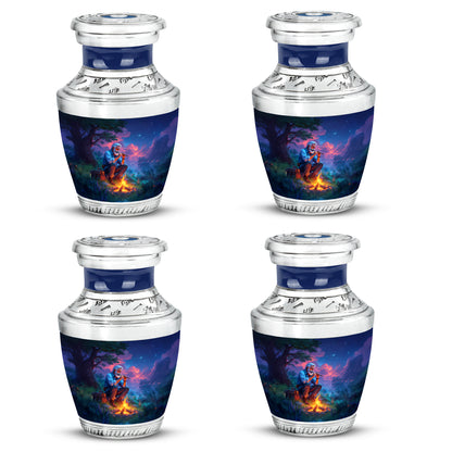 Calming Blue Campfire Cremation Urn back view with polished surface - artistic campfire interpretation with creative detail - 10 inch aluminum urn for cremated remains