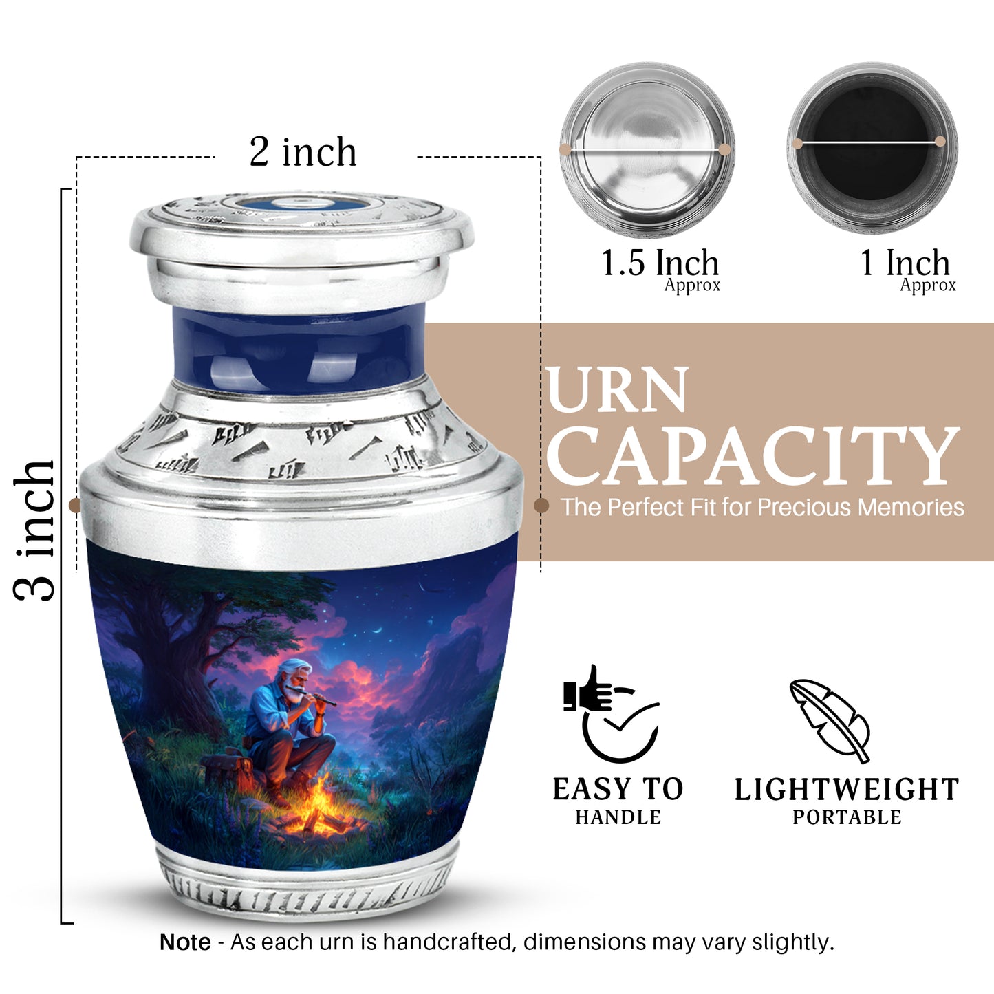 Cornflower Blue Campfire Cremation Urn top-down view of secure threaded lid - stylized abstract campfire pattern with bold lines - mini keepsake memorial for portion of cremation ashes