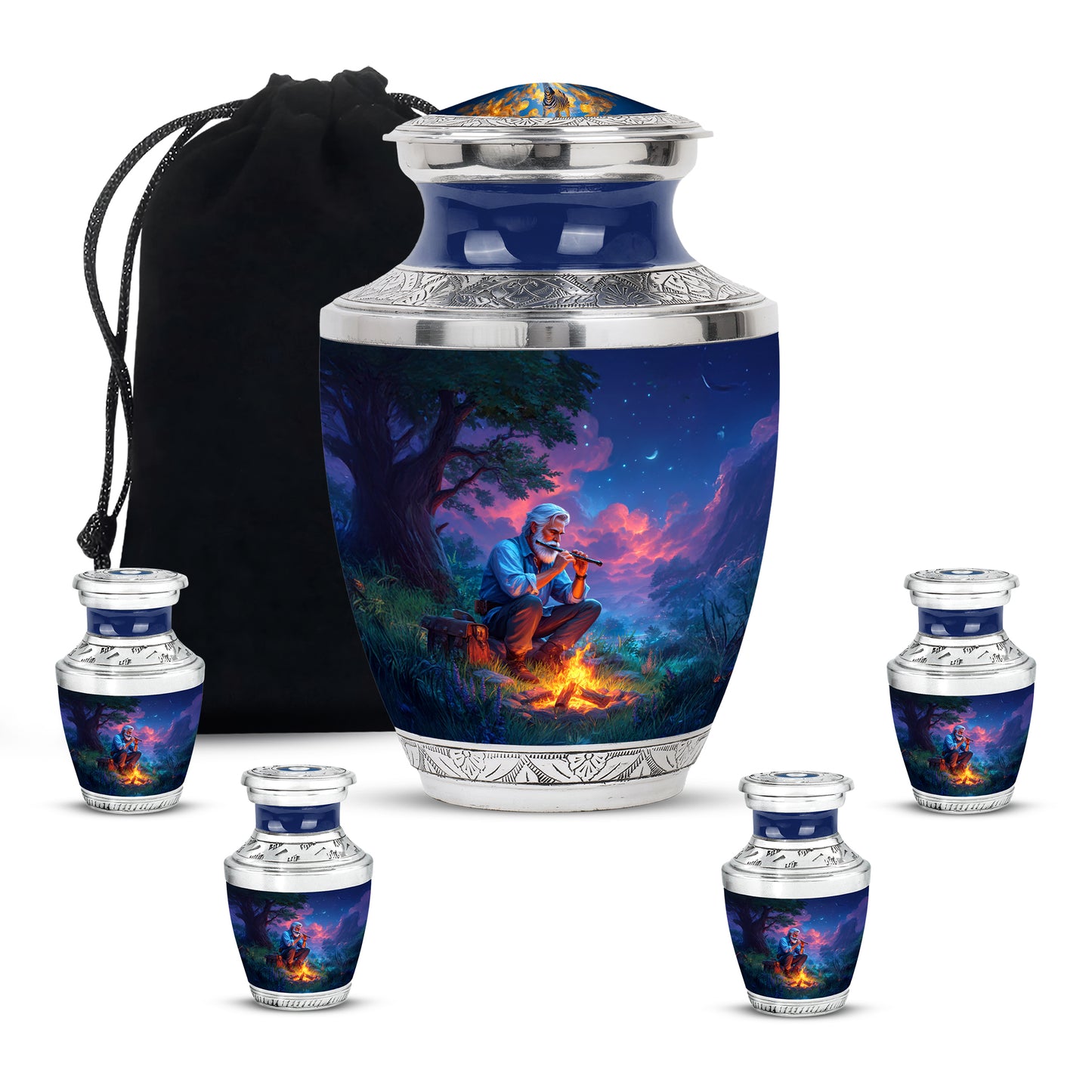 Icy Blue Campfire Cremation Urn lifestyle display on memorial shelf - contemporary campfire design with modern artistic flair - memorial set with one large and four small urns