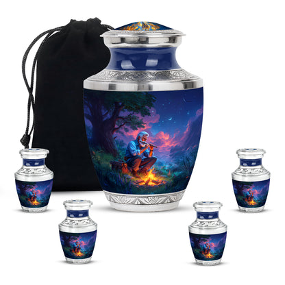 Icy Blue Campfire Cremation Urn lifestyle display on memorial shelf - contemporary campfire design with modern artistic flair - memorial set with one large and four small urns