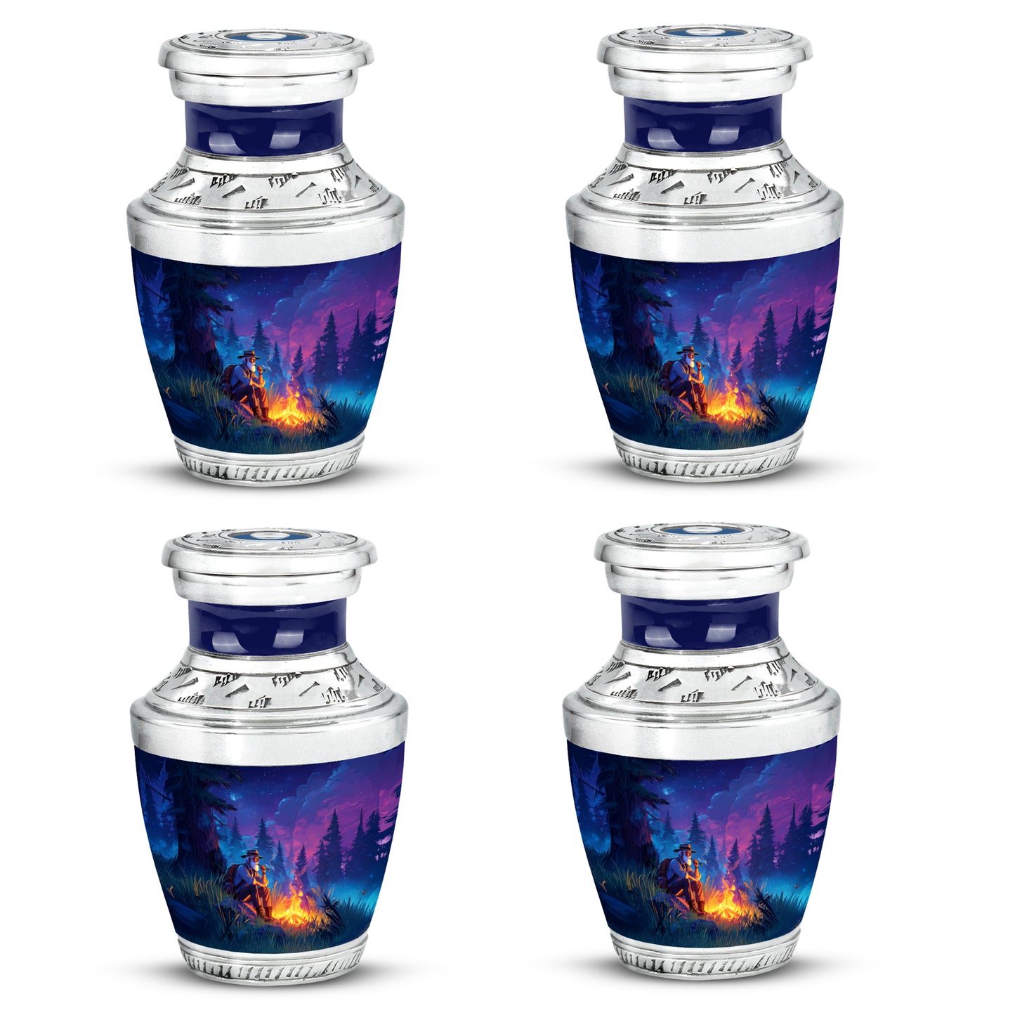 Calming Blue Campfire Cremation Urn back view with polished surface - artistic campfire interpretation with creative detail - 10 inch aluminum urn for cremated remains