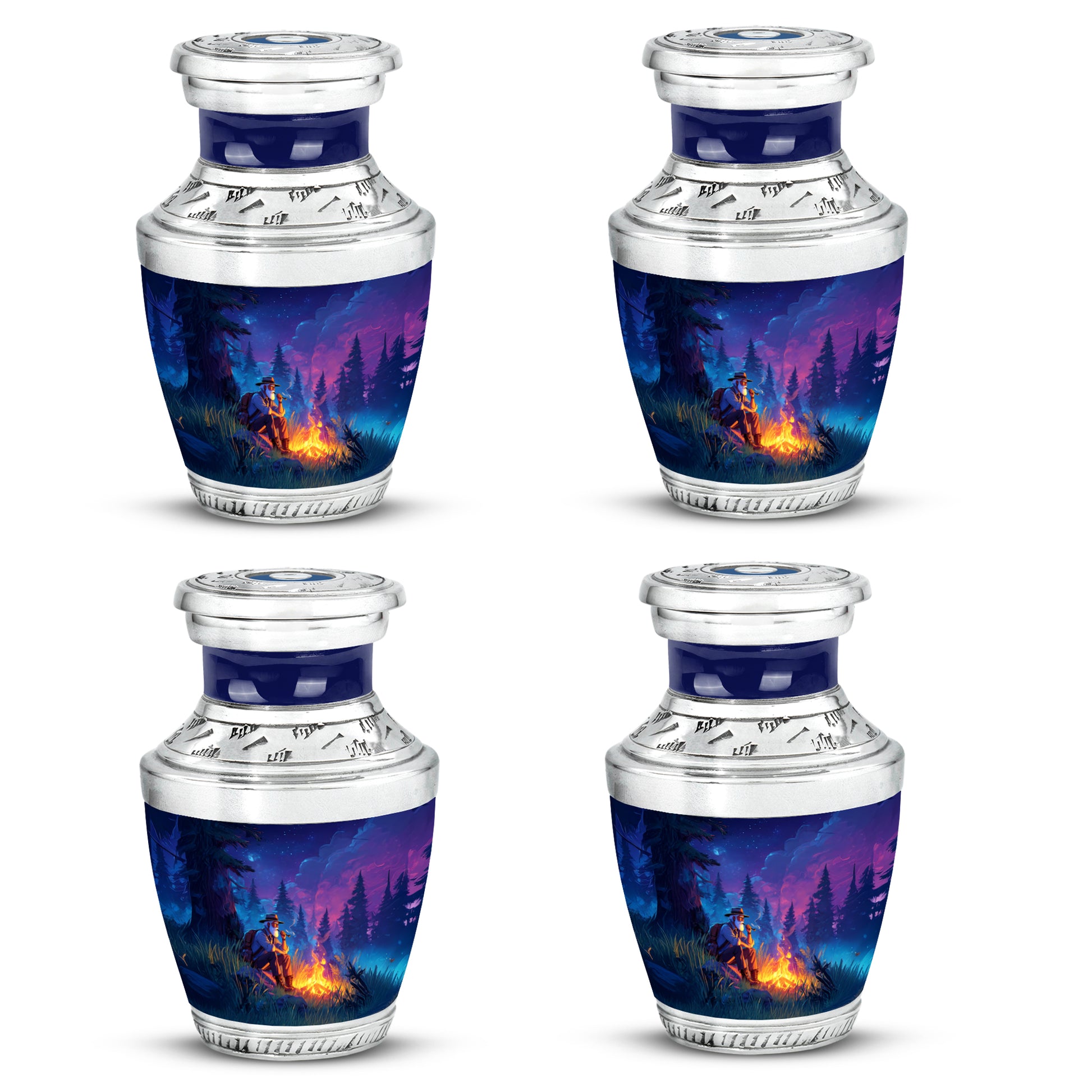 Calming Blue Campfire Cremation Urn back view with polished surface - artistic campfire interpretation with creative detail - 10 inch aluminum urn for cremated remains