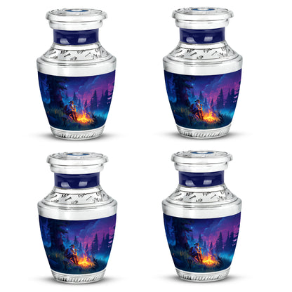 Calming Blue Campfire Cremation Urn back view with polished surface - artistic campfire interpretation with creative detail - 10 inch aluminum urn for cremated remains