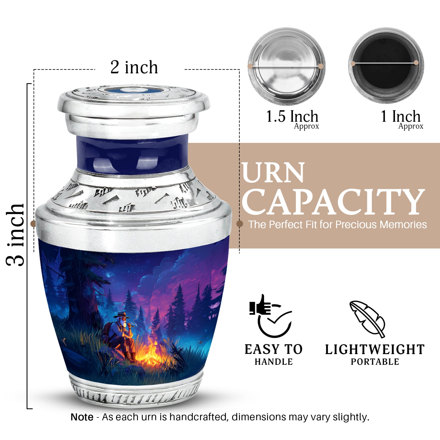 Twilight Blue Campfire Cremation Urn top-down view of secure threaded lid - stylized abstract campfire pattern with bold lines - mini keepsake memorial for portion of cremation ashes