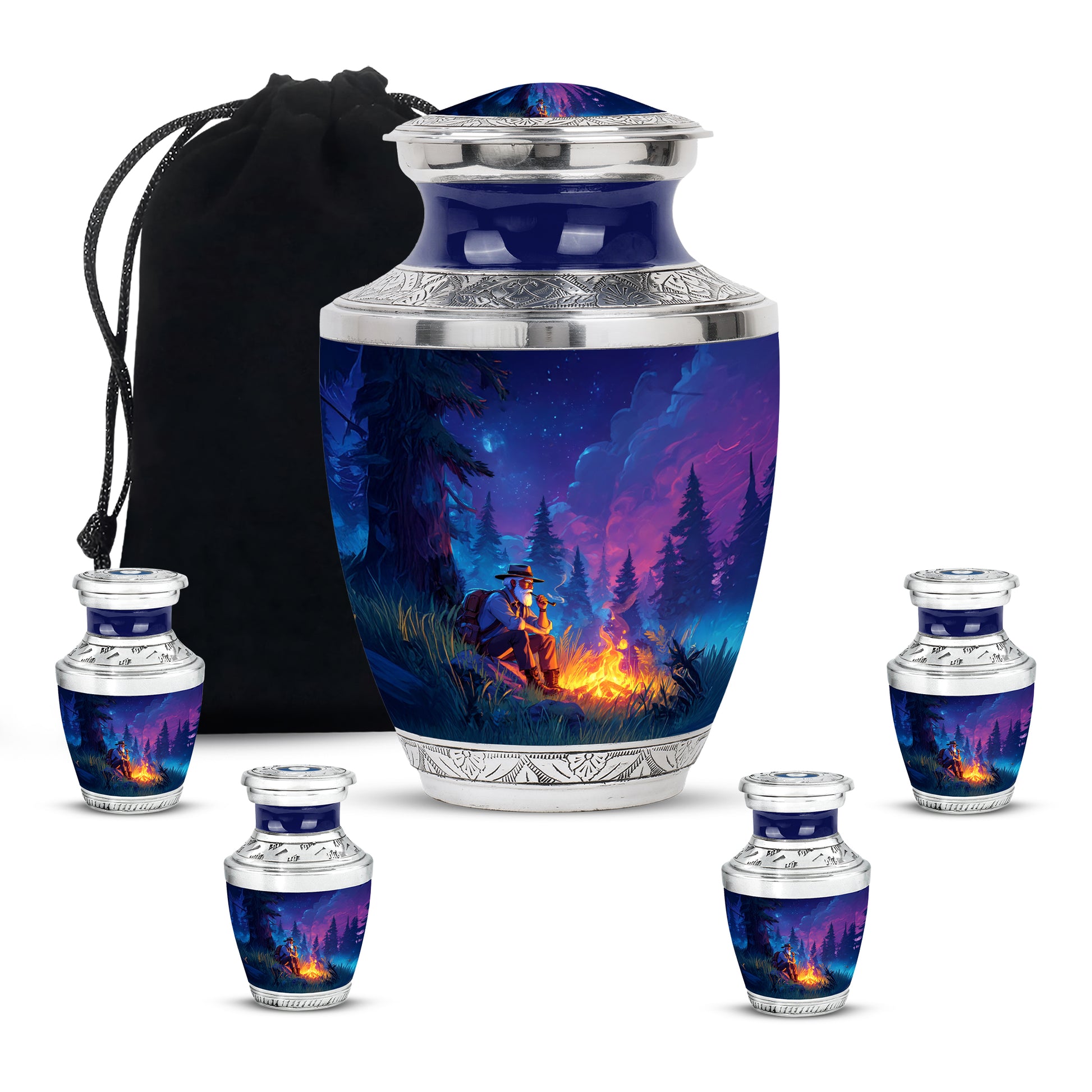 Royal Blue Campfire Cremation Urn lifestyle display on memorial shelf - stylized abstract campfire pattern with bold lines - memorial set with one large and four small urns