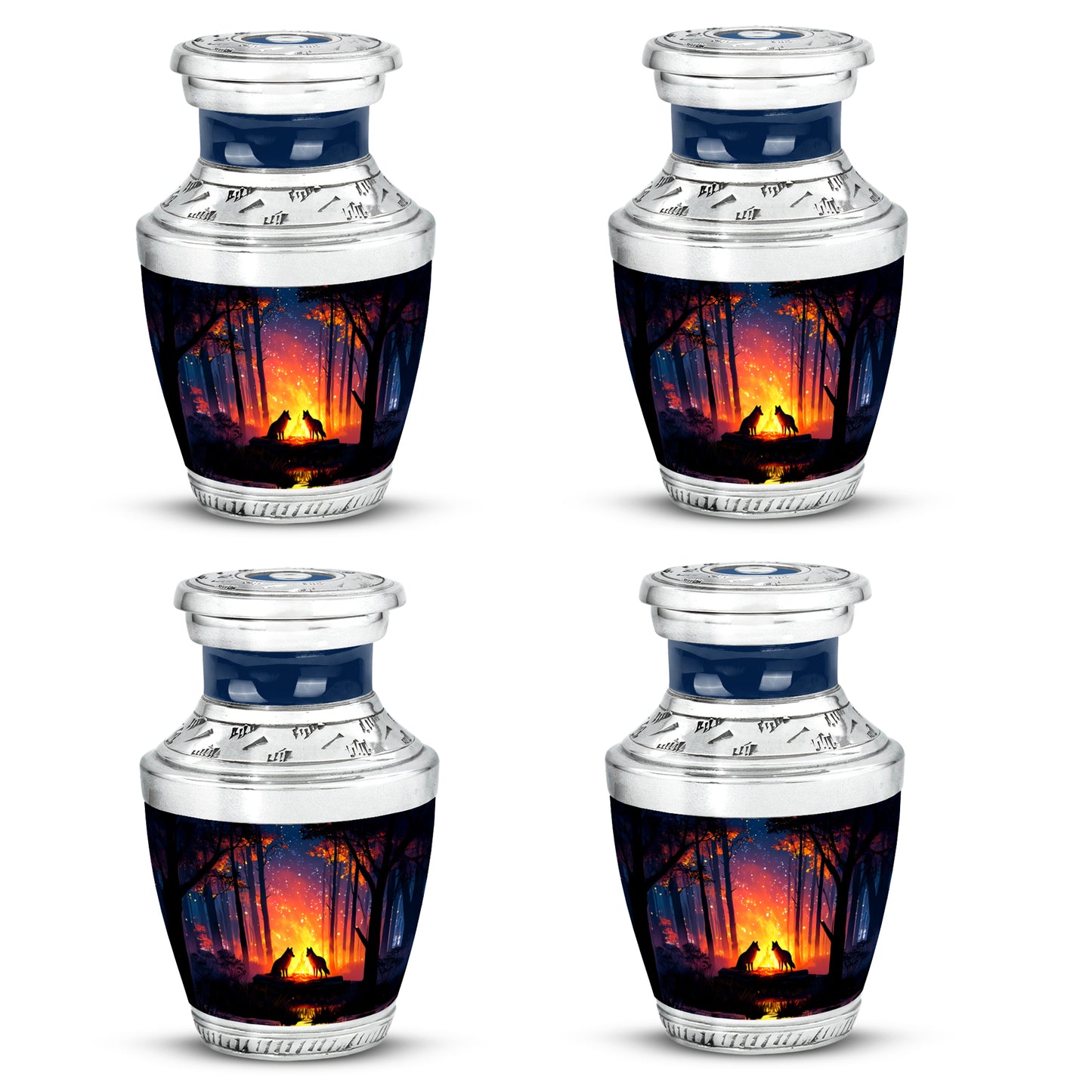 Soft Blue Campfire Cremation Urn back view with polished surface - stylized abstract campfire pattern with bold lines - 10 inch aluminum urn for cremated remains
