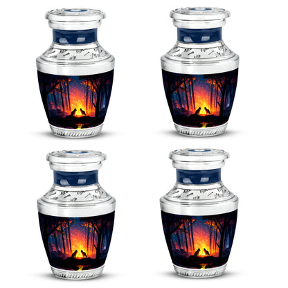 Soft Blue Campfire Cremation Urn back view with polished surface - stylized abstract campfire pattern with bold lines - 10 inch aluminum urn for cremated remains