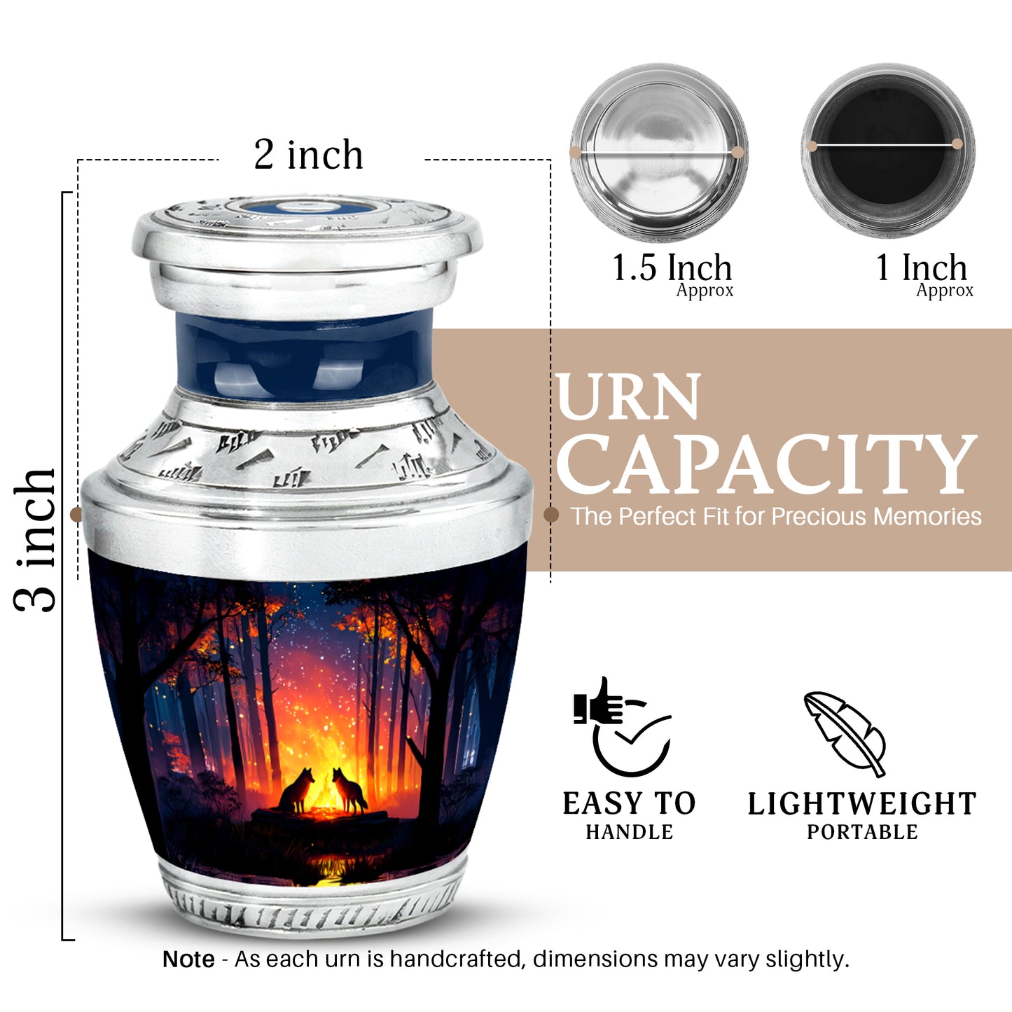 Celestial Blue Campfire Cremation Urn top-down view of secure threaded lid - modern art-inspired campfire motif on sleek aluminum - mini keepsake memorial for portion of cremation ashes