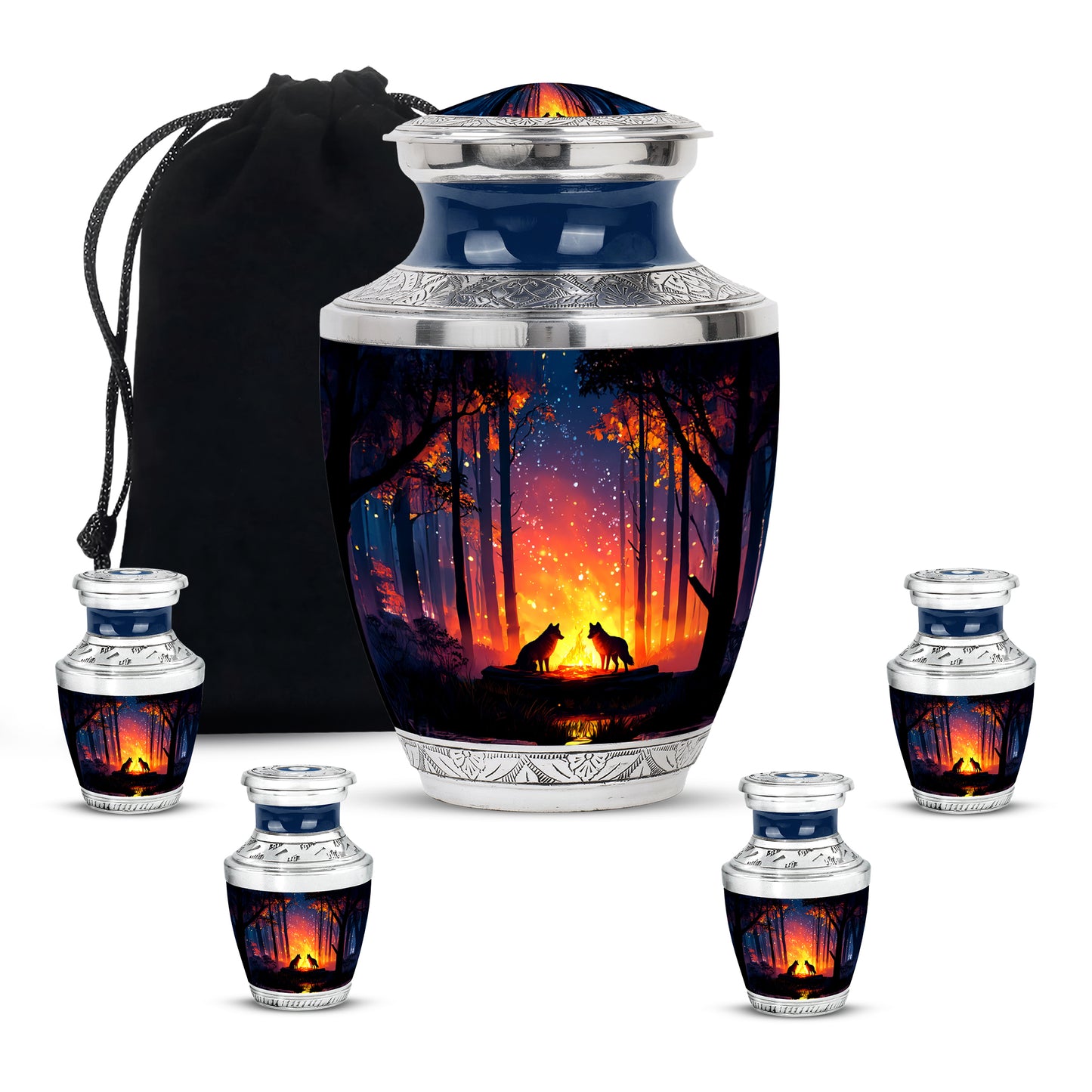 Indigo Campfire Cremation Urn lifestyle display on memorial shelf - contemporary campfire design with modern artistic flair - memorial set with one large and four small urns