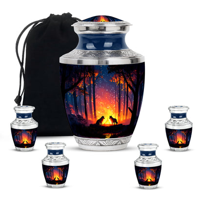 Indigo Campfire Cremation Urn lifestyle display on memorial shelf - contemporary campfire design with modern artistic flair - memorial set with one large and four small urns