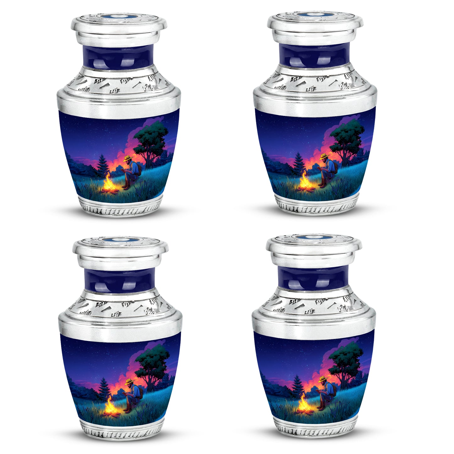 Calming Blue Campfire Cremation Urn back view with polished surface - artistic campfire interpretation with creative detail - 10 inch aluminum urn for cremated remains