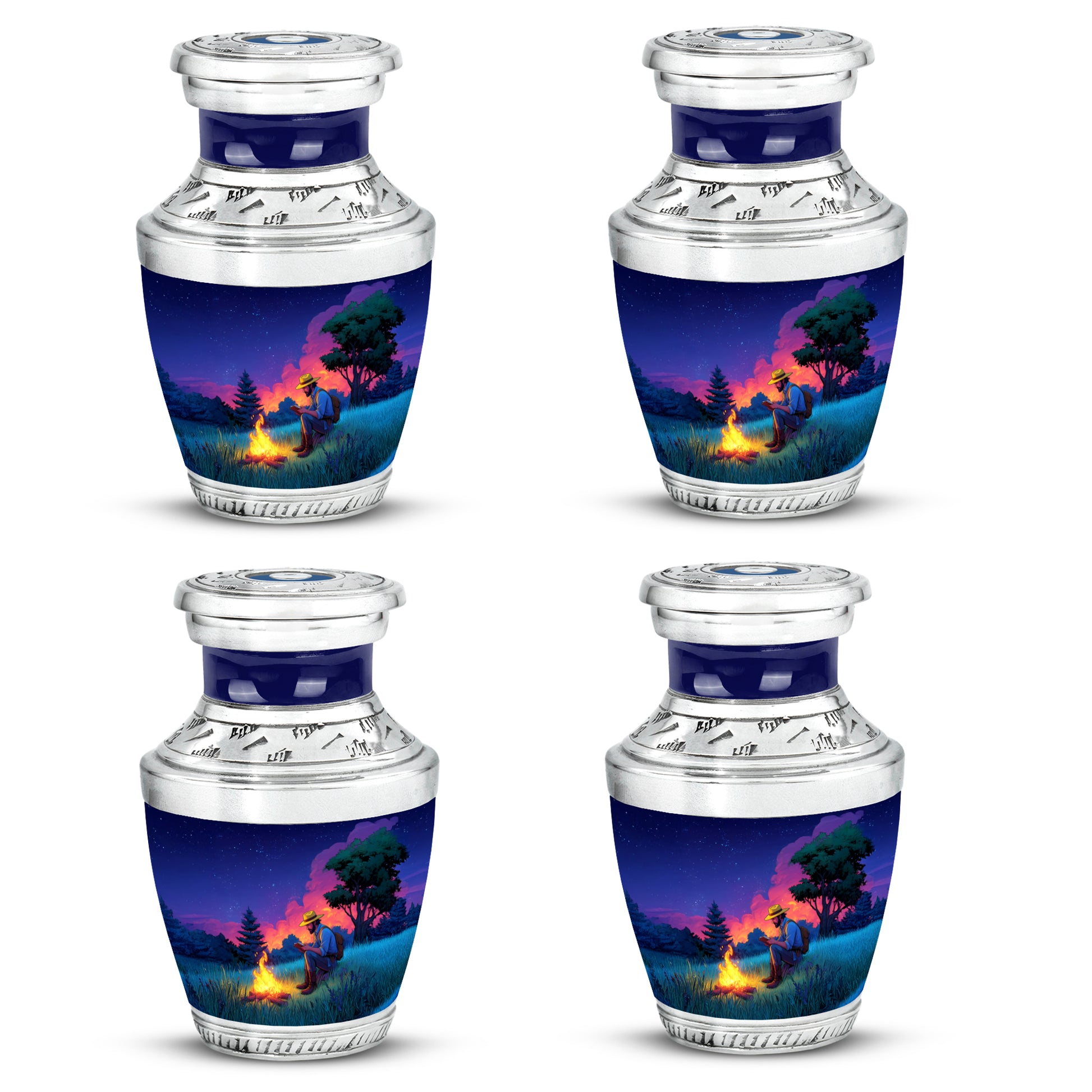 Calming Blue Campfire Cremation Urn back view with polished surface - artistic campfire interpretation with creative detail - 10 inch aluminum urn for cremated remains