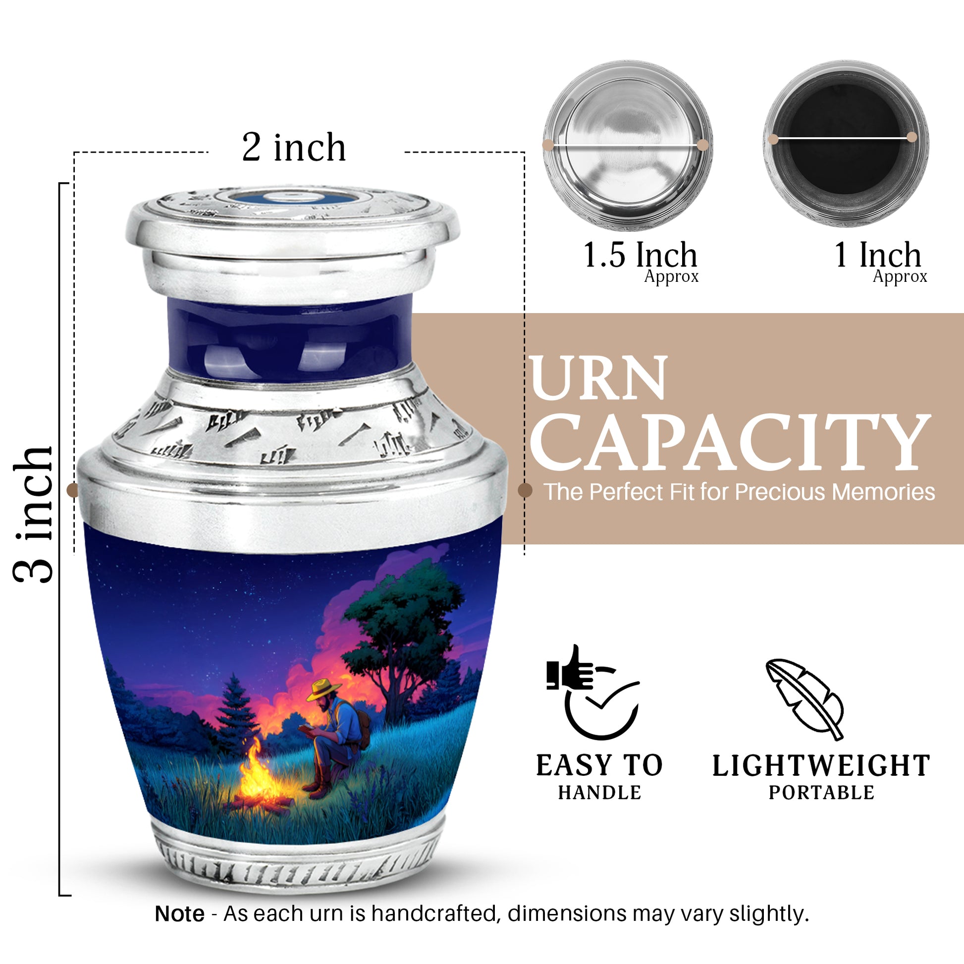 Pastel Blue Campfire Cremation Urn top-down view of secure threaded lid - contemporary campfire design with modern artistic flair - mini keepsake memorial for portion of cremation ashes