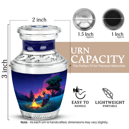 Pastel Blue Campfire Cremation Urn top-down view of secure threaded lid - contemporary campfire design with modern artistic flair - mini keepsake memorial for portion of cremation ashes