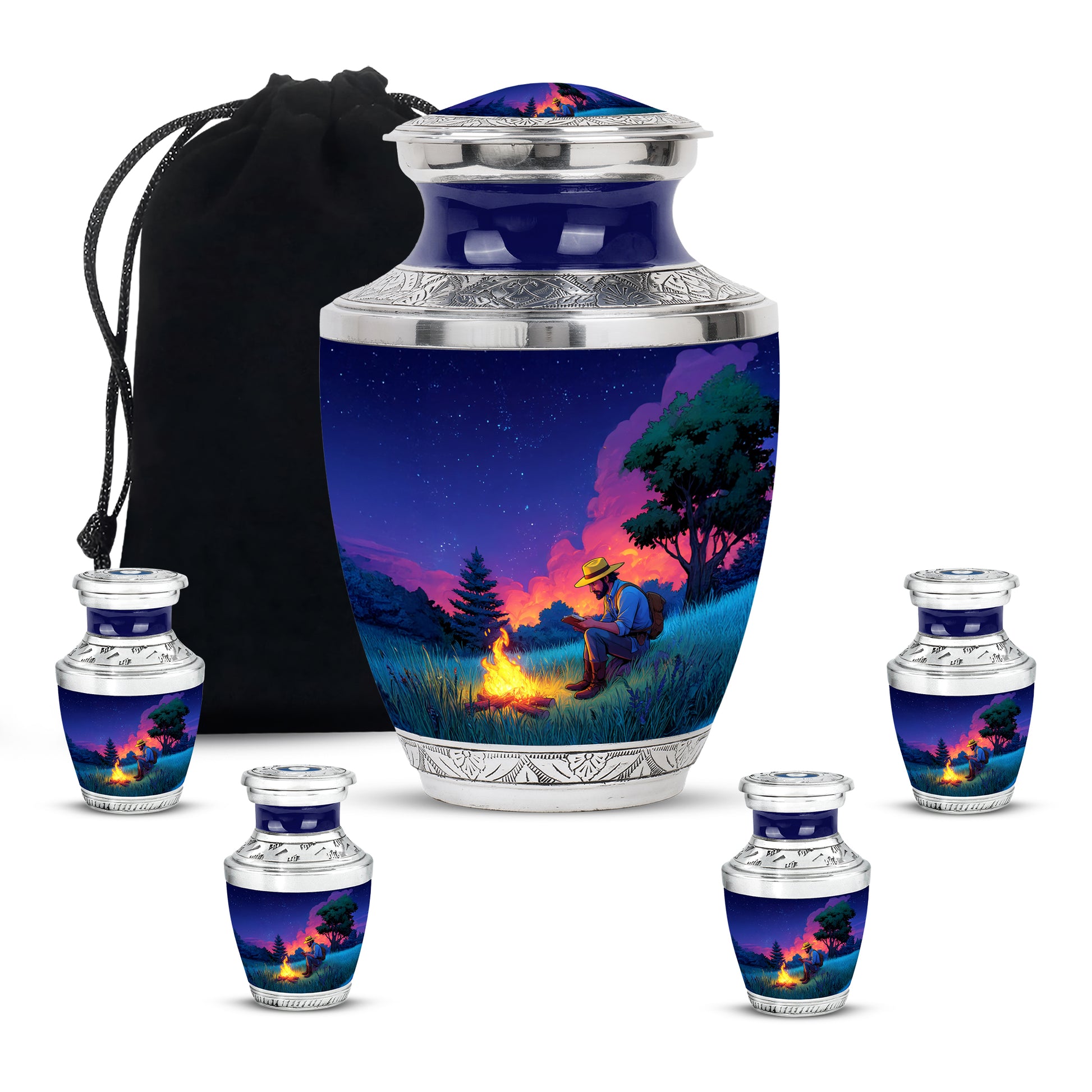 Sky Blue Campfire Cremation Urn lifestyle display on memorial shelf - modern art-inspired campfire motif on sleek aluminum - memorial set with one large and four small urns