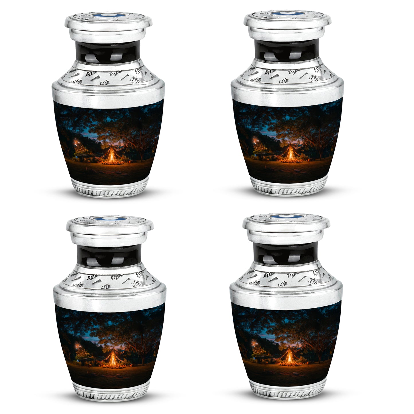 Royal Blue Campfire Cremation Urn back view with polished surface - artistic campfire interpretation with creative detail - 10 inch aluminum urn for cremated remains