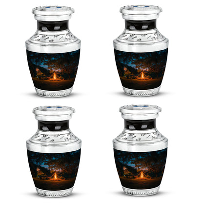Royal Blue Campfire Cremation Urn back view with polished surface - artistic campfire interpretation with creative detail - 10 inch aluminum urn for cremated remains