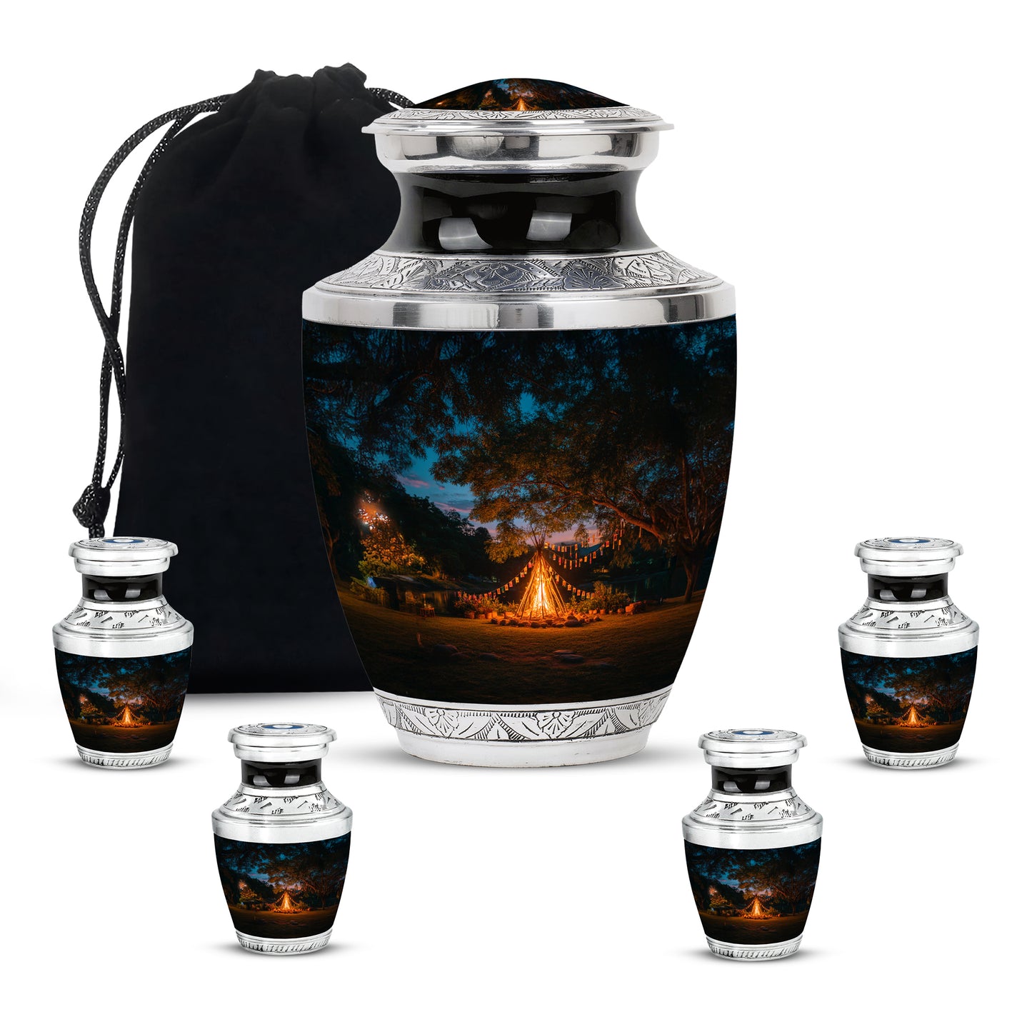 Powder Blue Campfire Cremation Urn lifestyle display on memorial shelf - contemporary campfire design with modern artistic flair - memorial set with one large and four small urns
