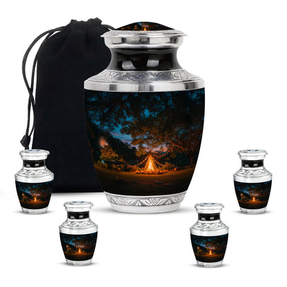 Powder Blue Campfire Cremation Urn lifestyle display on memorial shelf - contemporary campfire design with modern artistic flair - memorial set with one large and four small urns