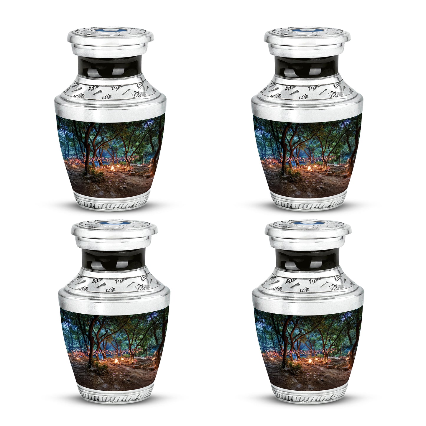 Midnight Black Campfire Cremation Urn back view with polished surface - stylized abstract campfire pattern with bold lines - 10 inch aluminum urn for cremated remains