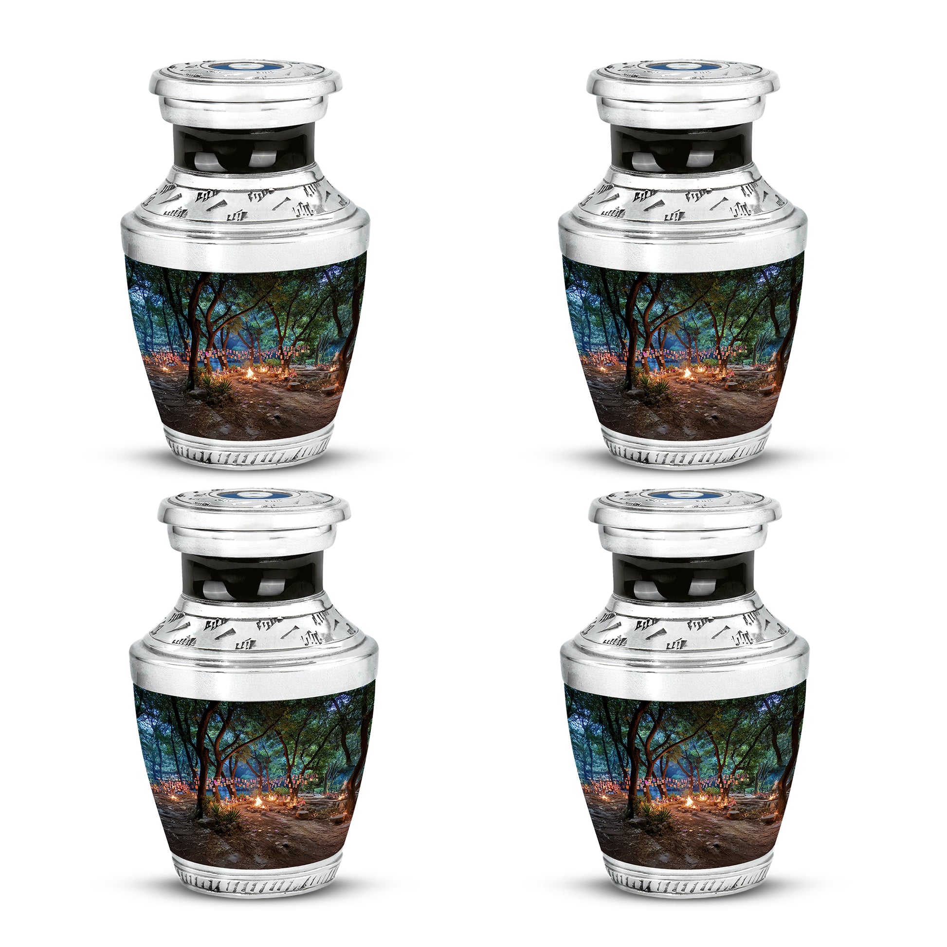 Midnight Black Campfire Cremation Urn back view with polished surface - stylized abstract campfire pattern with bold lines - 10 inch aluminum urn for cremated remains