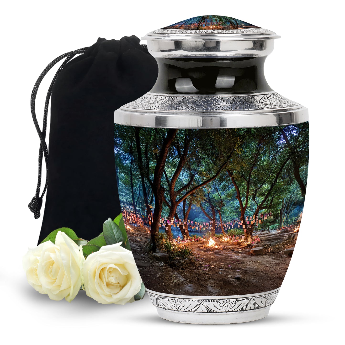 Obsidian Black Campfire Cremation Urn side profile showing urn shape - artistic campfire interpretation with creative detail - full-size 10 inch 200 cubic inch adult cremation urn